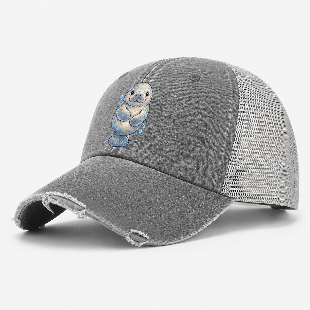 Manatee Front Flipper Hug Sea Sprite Washed Trucker Hat – Grey