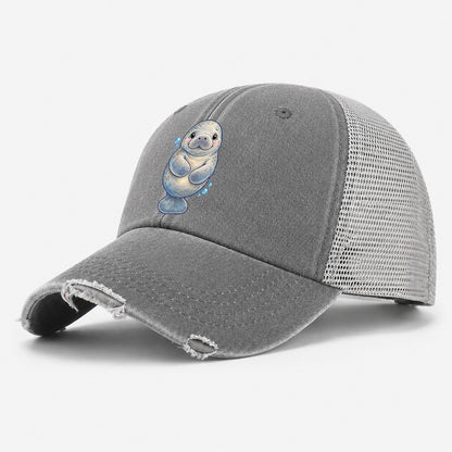 Manatee Front Flipper Hug Sea Sprite Washed Trucker Hat – Grey