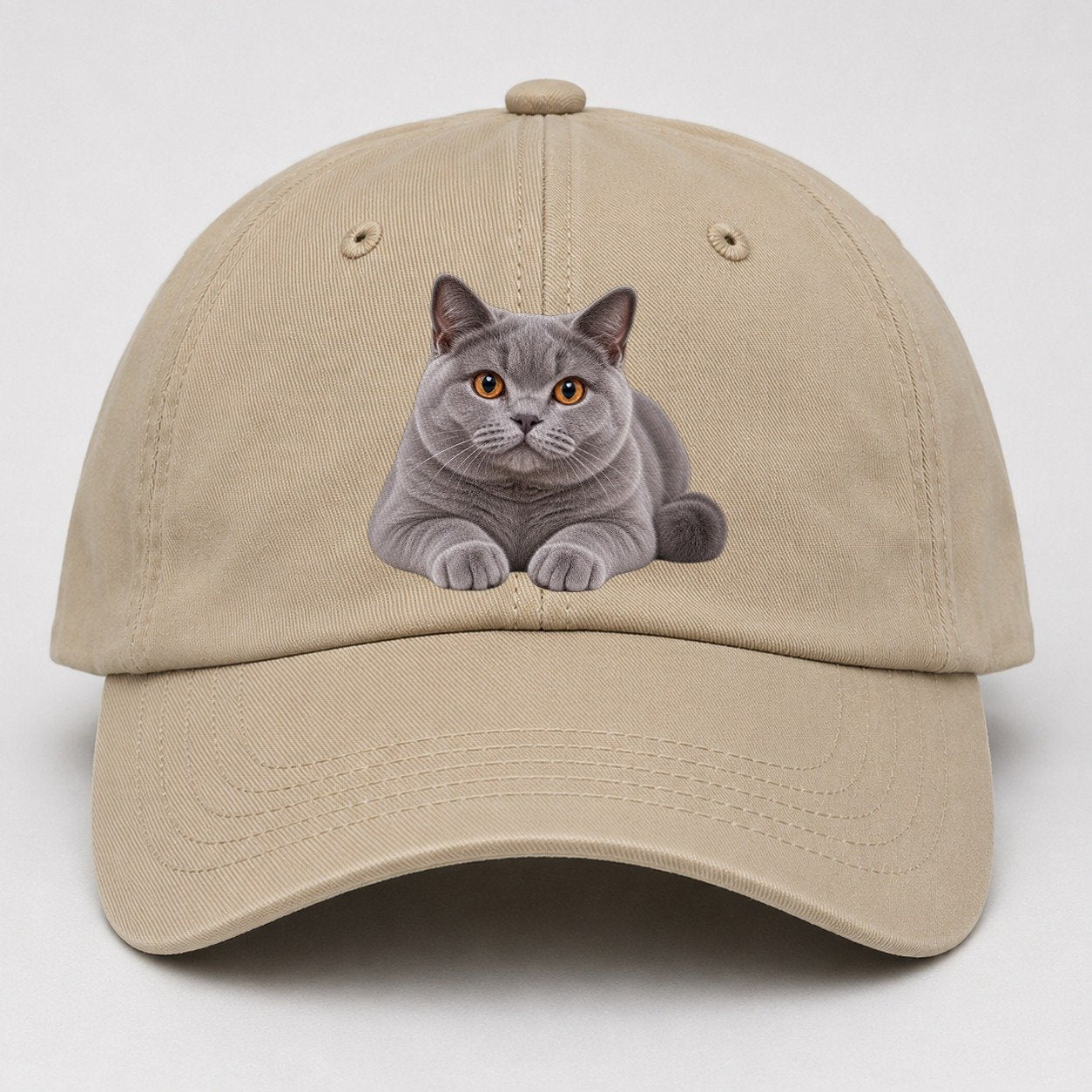 British Shorthair Reclining Paws Forward Realistic Cat Portrait Baseball Cap – Khaki
