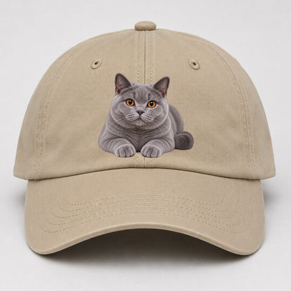 British Shorthair Reclining Paws Forward Realistic Cat Portrait Baseball Cap – Khaki