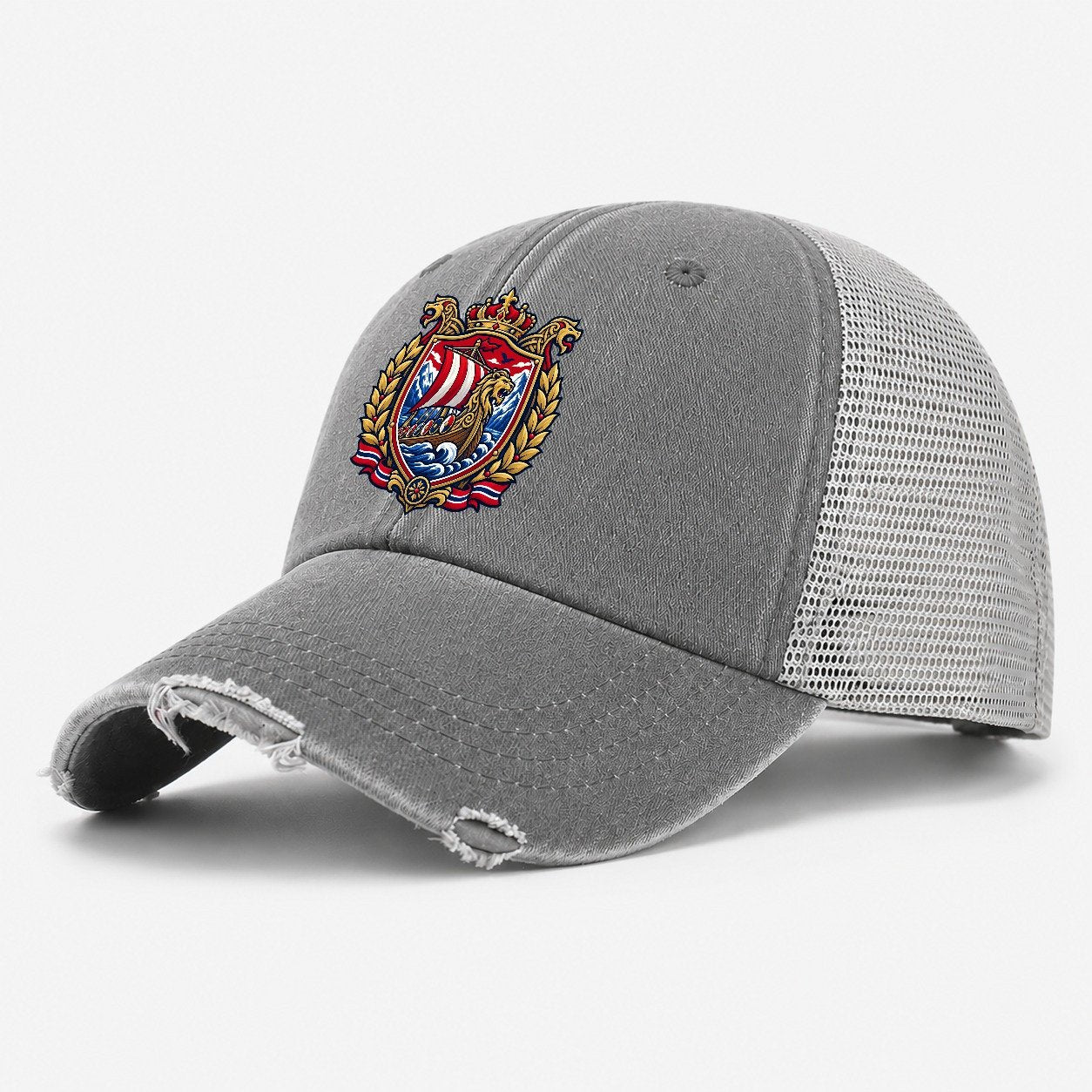 Norway Heraldic Crest Country Logos Washed Trucker Hat – Grey