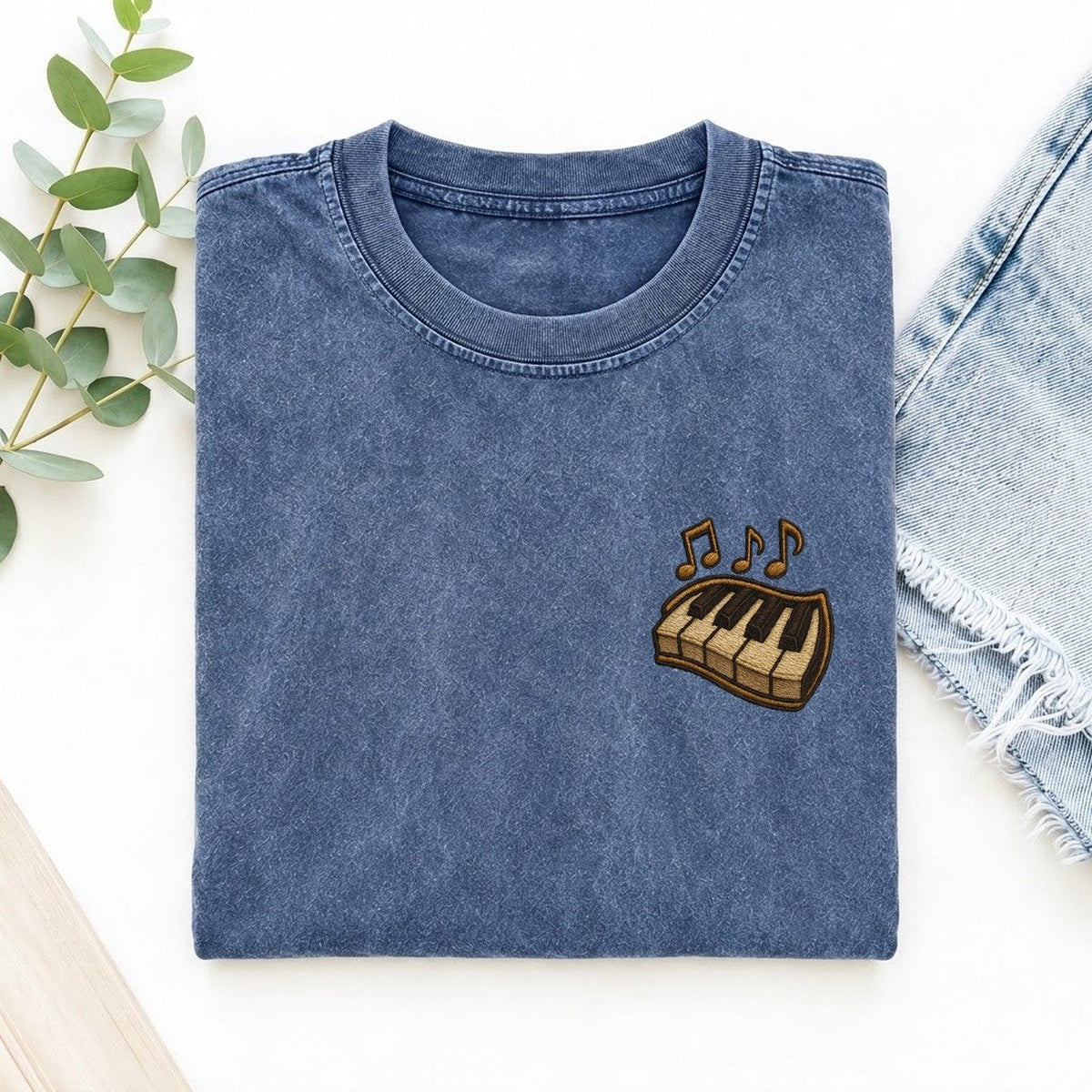 Piano Keys and Notes Left Chest Vintage T-shirt – Washed Blue