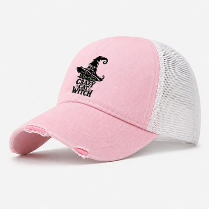 Crazy Cat Witch Slogan Witch Magic Washed Trucker Hat – Light Pink
