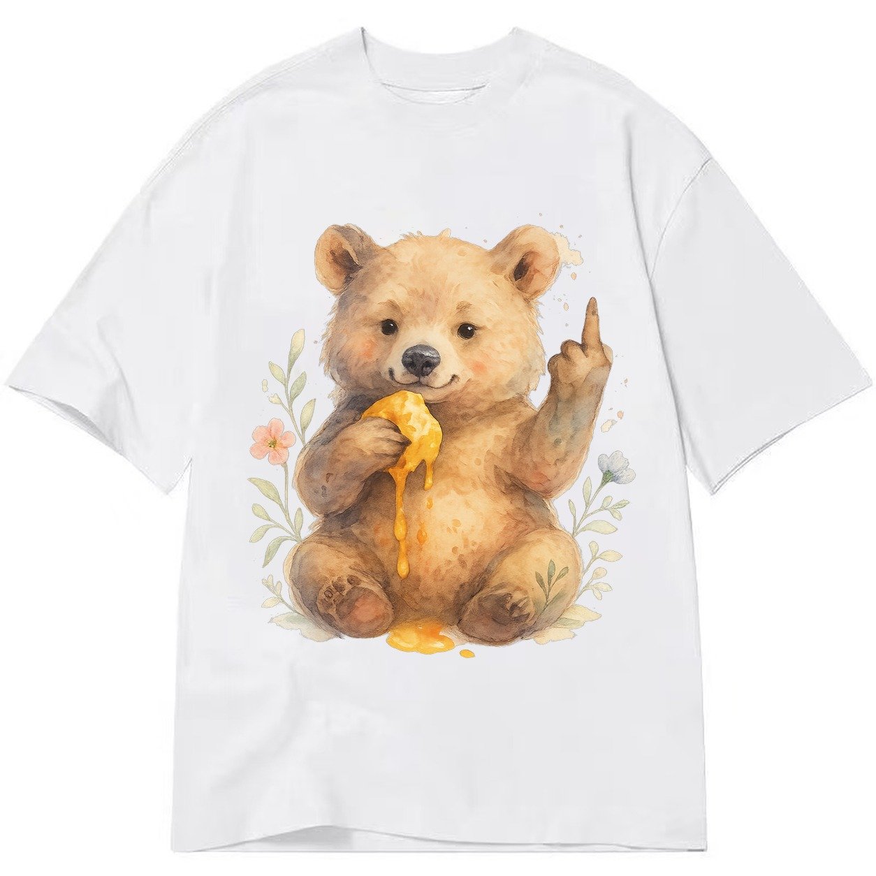 Chubby Bear Cub Eating Dripping Honey Sticky Paw Up With Mid Classic T-shirt – White