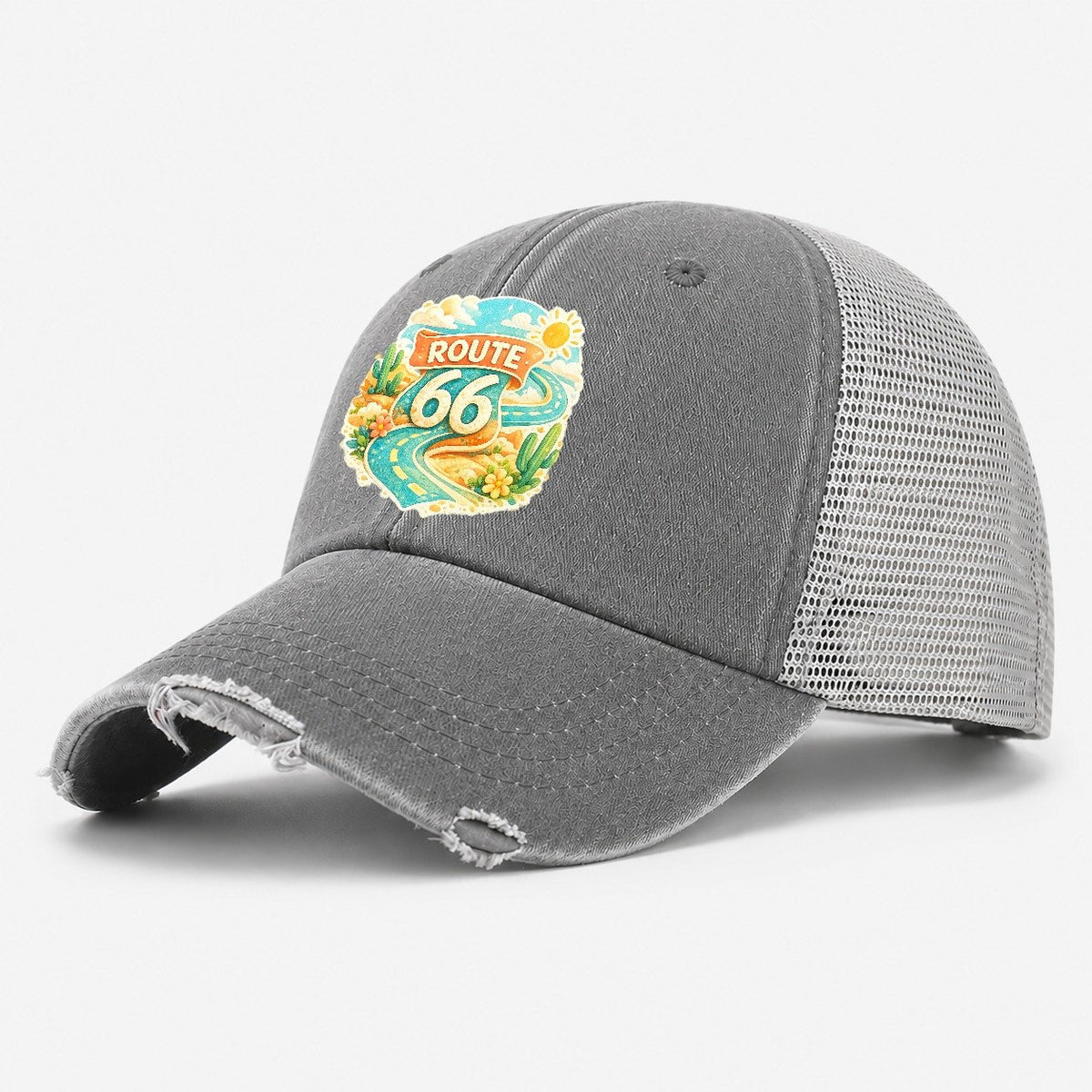Route 66 Highway Shield Washed Trucker Hat – Grey