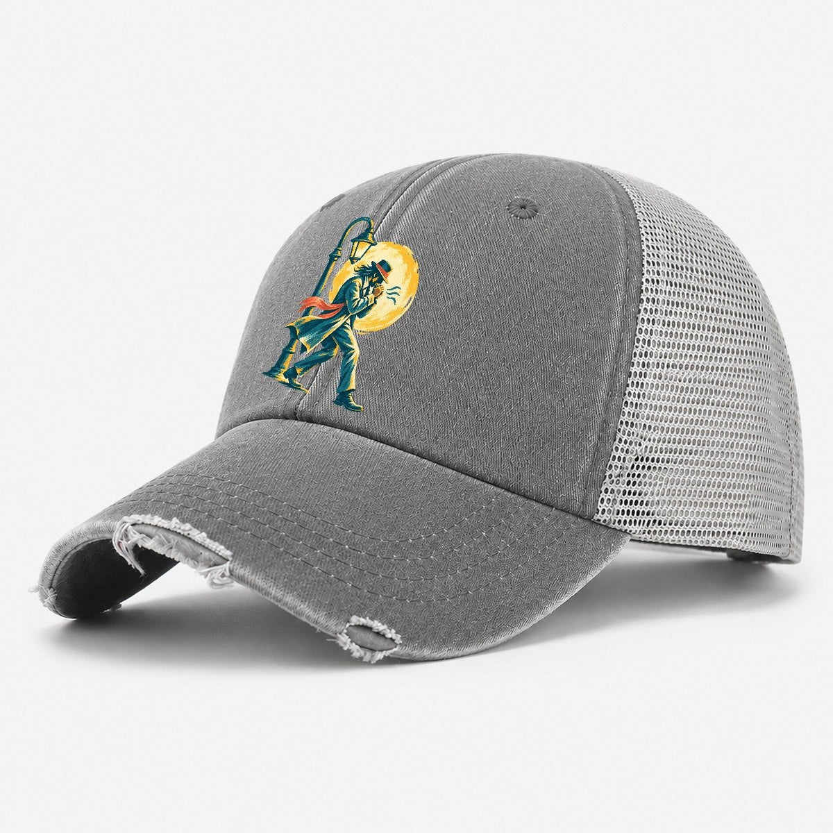 Man in Hat by Lamppost Washed Trucker Hat – Grey