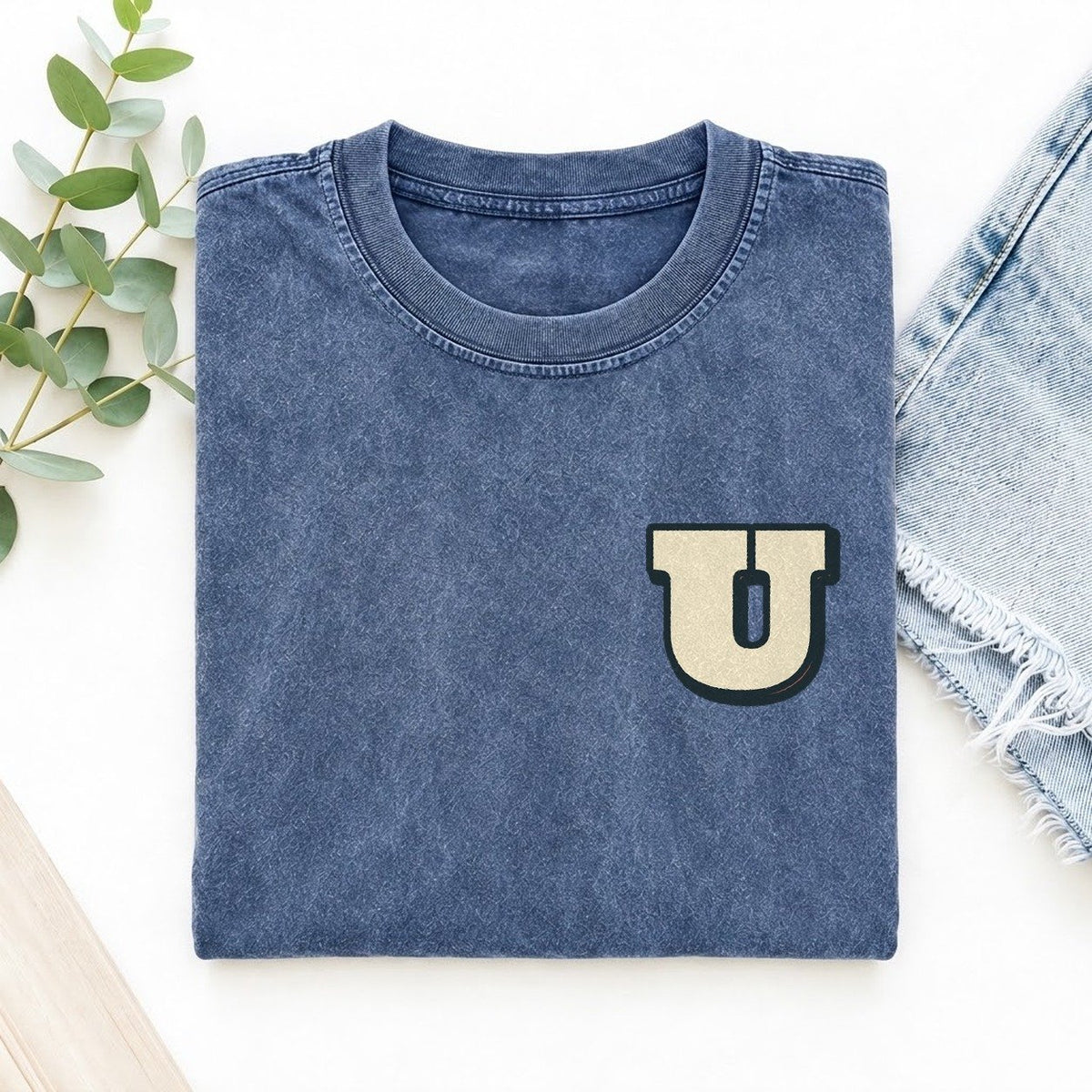 Initial U Left Chest Vintage T-shirt – Washed Blue