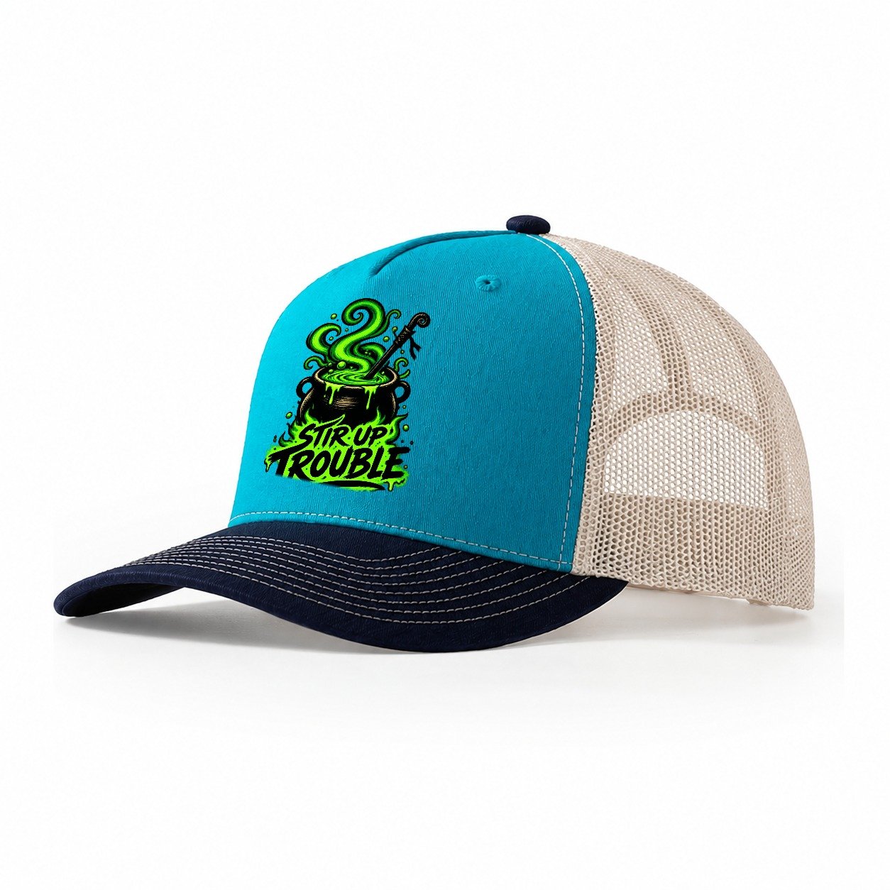 Stir Up Trouble Slogan Witch Magic Trucker Hat – Teal Navy