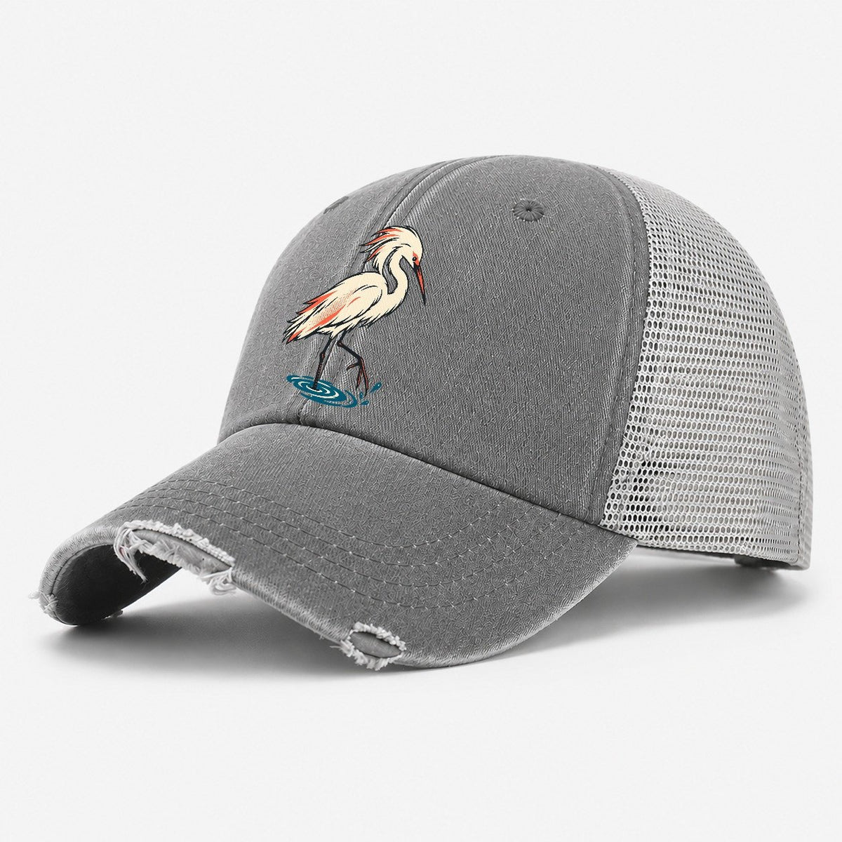 Snowy Egret Step Washed Trucker Hat – Grey