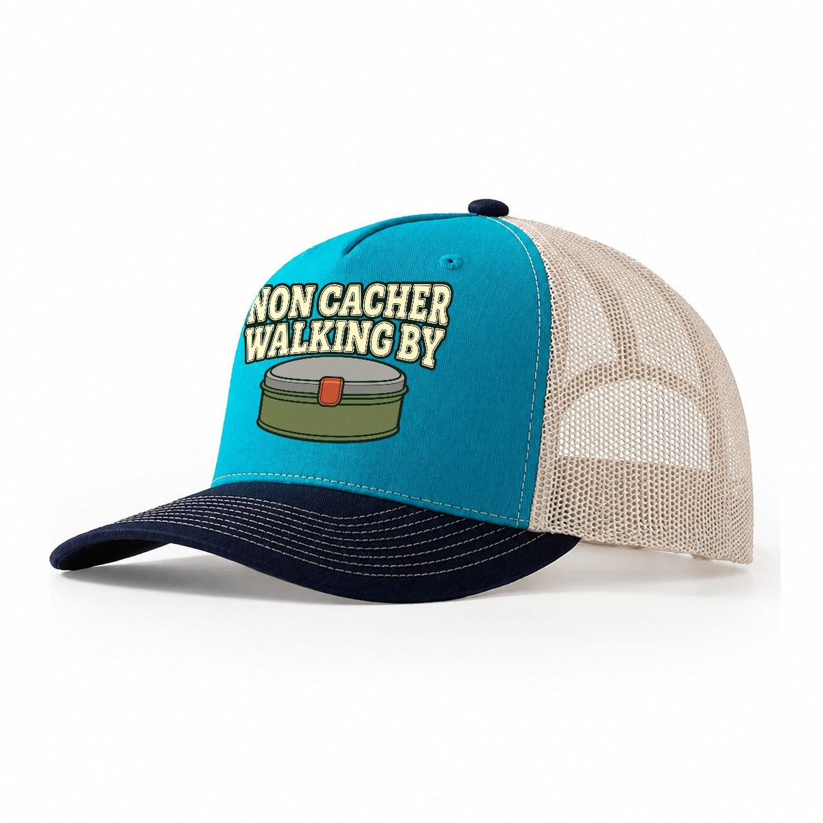Non Cacher Walking By Geocaching Trucker Hat – Teal Navy