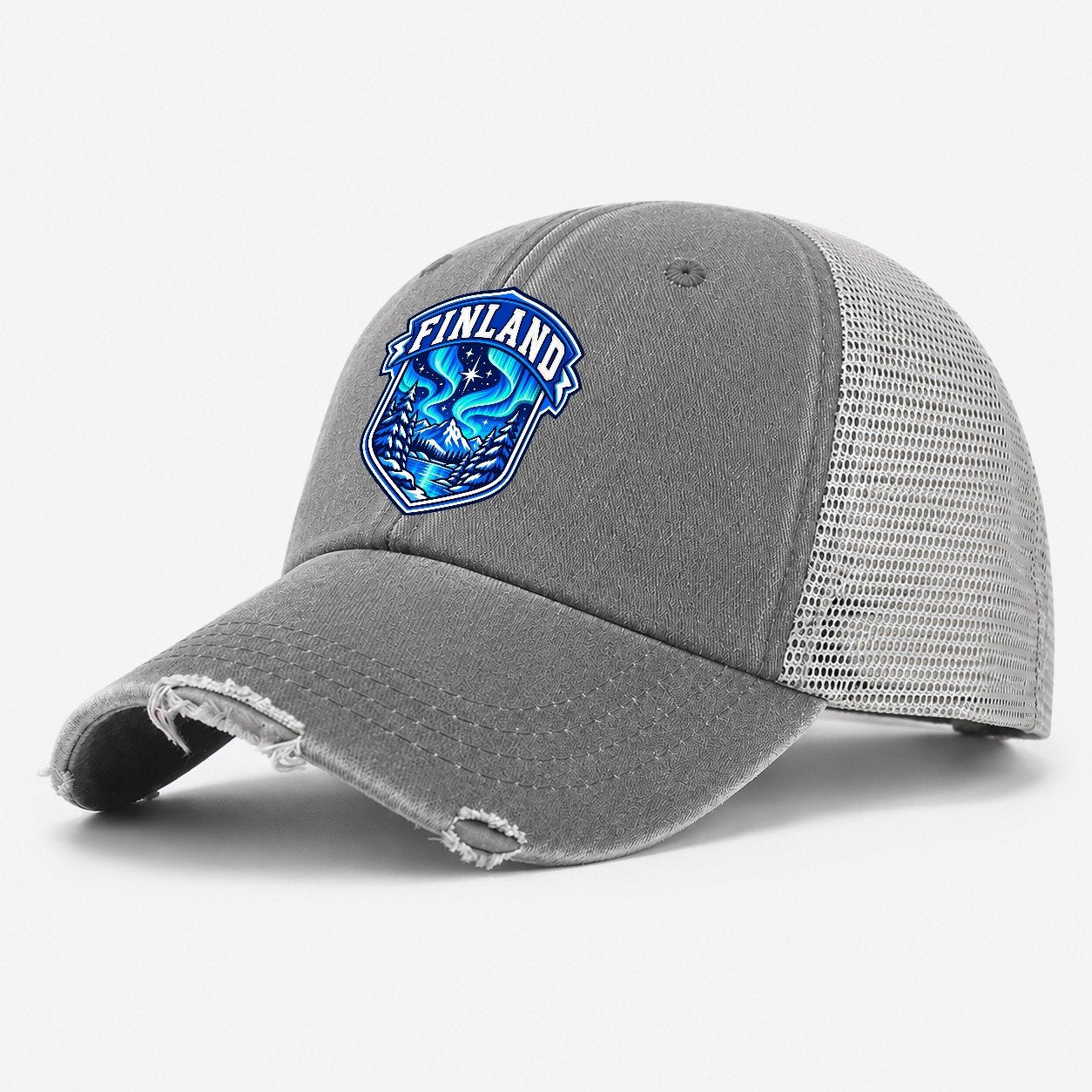 Finland Retro Badge Country Logos Washed Trucker Hat – Grey