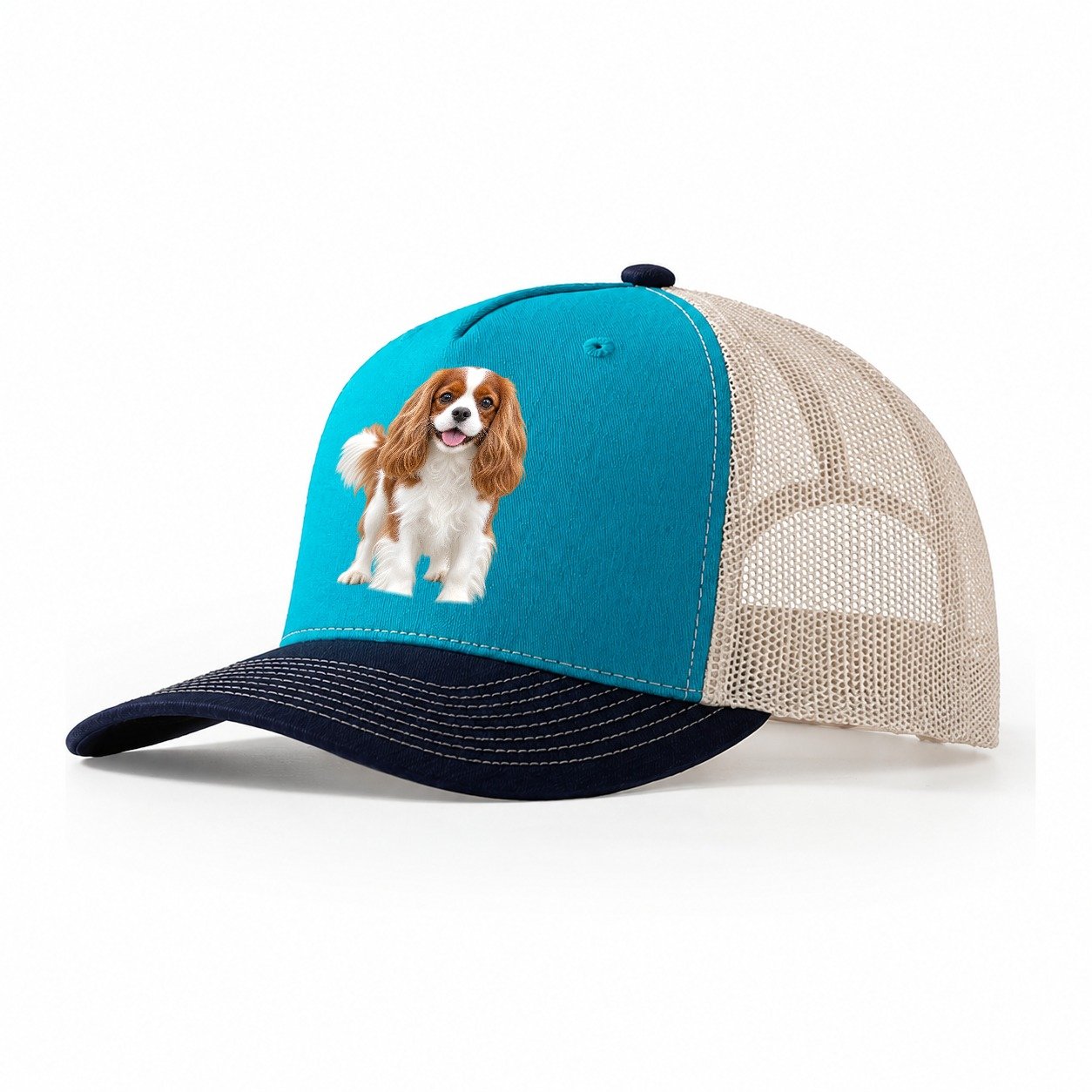 Cavalier King Charles Spaniel Standing Top Breeds Trucker Hat – Teal Navy
