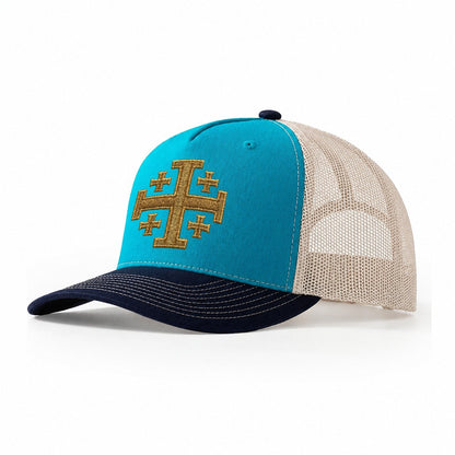 Jerusalem Cross Trucker Hat – Teal Navy