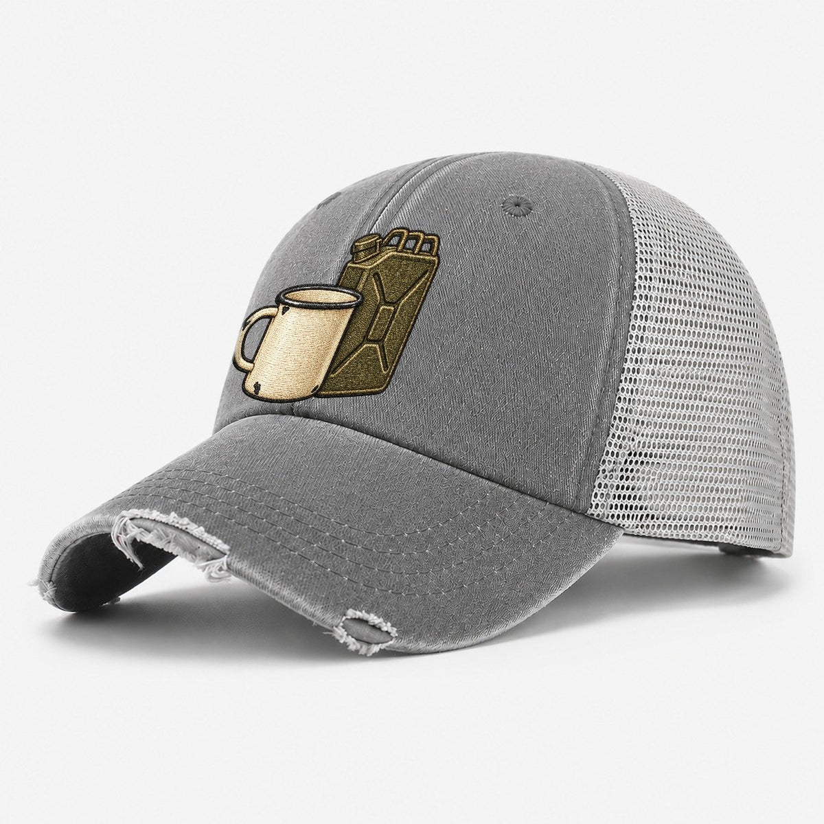 Enamel Camp Mug And Fuel Can Off Roading And Overlanding Washed Trucker Hat – Grey