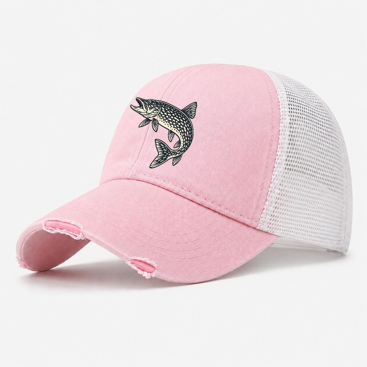 Pike Profile Fishing Elegant Washed Trucker Hat – Light Pink