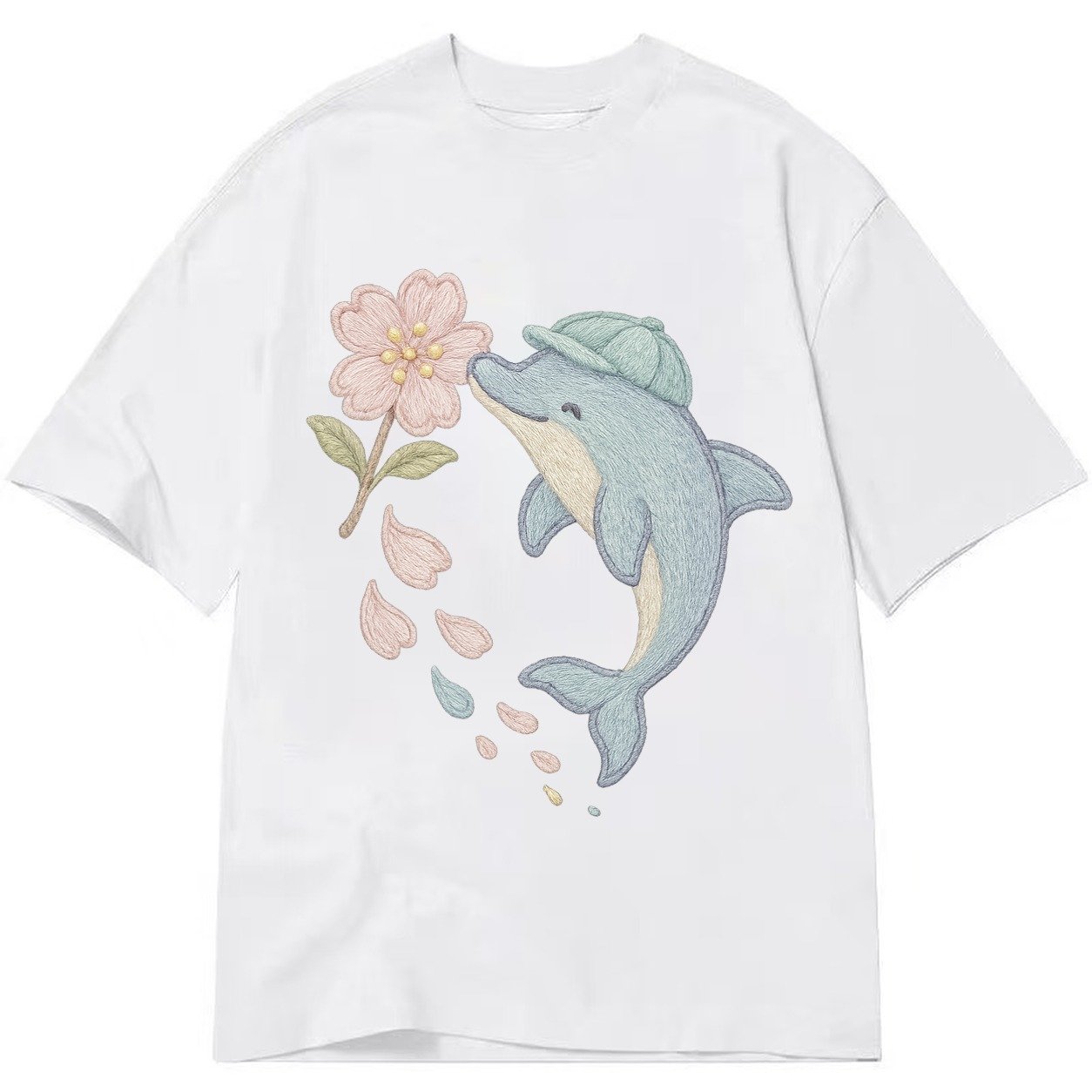 Dolphin Sakura Leap Leaping Through Blossoms Pale Aqua Cap C Classic T-shirt – White
