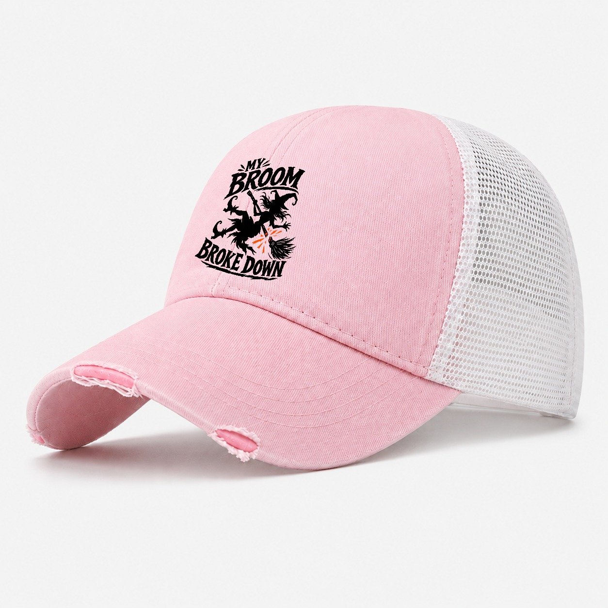 My Broom Broke Down Slogan Witch Magic Washed Trucker Hat – Light Pink