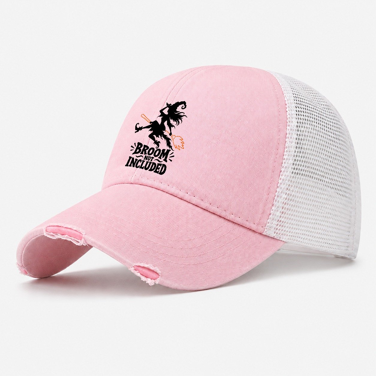 Broom Not Included Slogan Witch Magic Washed Trucker Hat – Light Pink