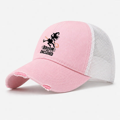 Broom Not Included Slogan Witch Magic Washed Trucker Hat – Light Pink