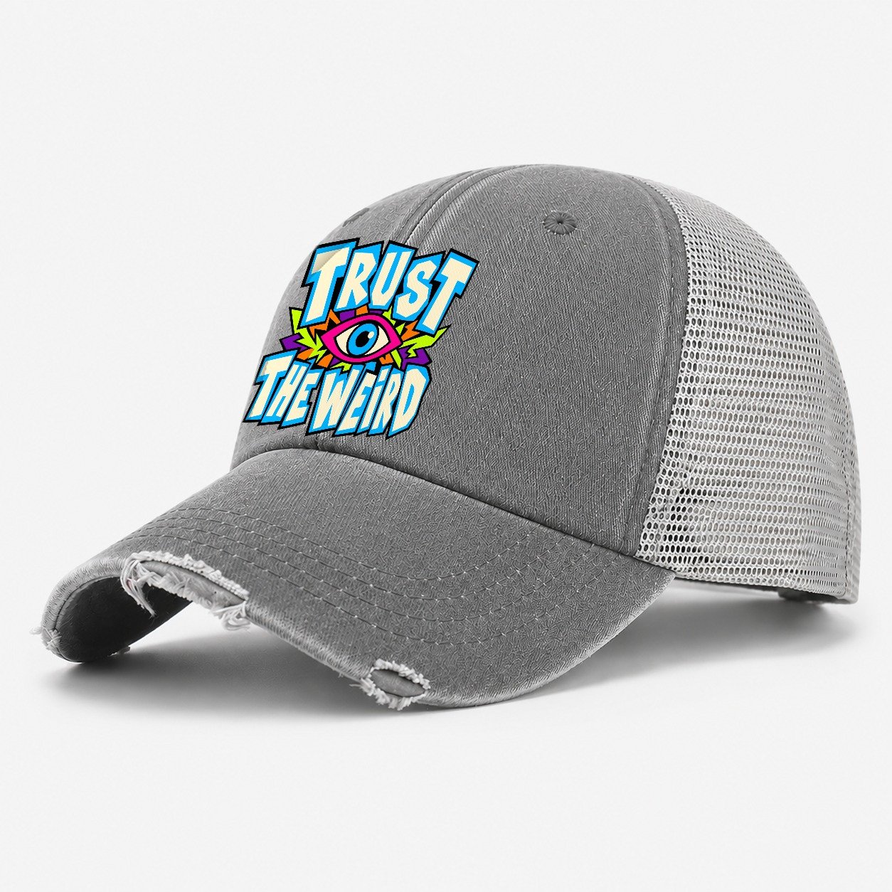 Trust The Weird Crazy Styles Washed Trucker Hat – Grey