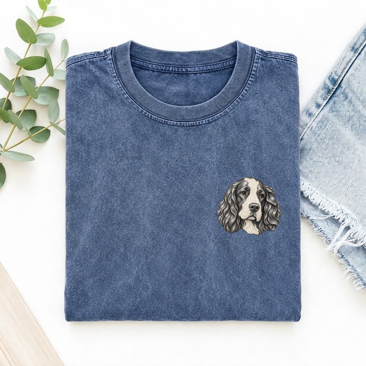 Springer Feather Ear Keepsake Emblem Left Chest Vintage T-shirt – Washed Blue