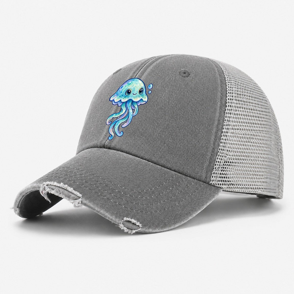 Jellyfish Upward Drift Sea Sprite Washed Trucker Hat – Grey