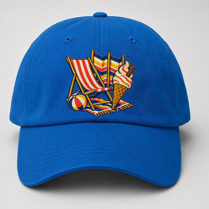 British Seaside Deckchair Windbreak And Ice Cream Uk Culture Heritage Baseball Cap – Blue