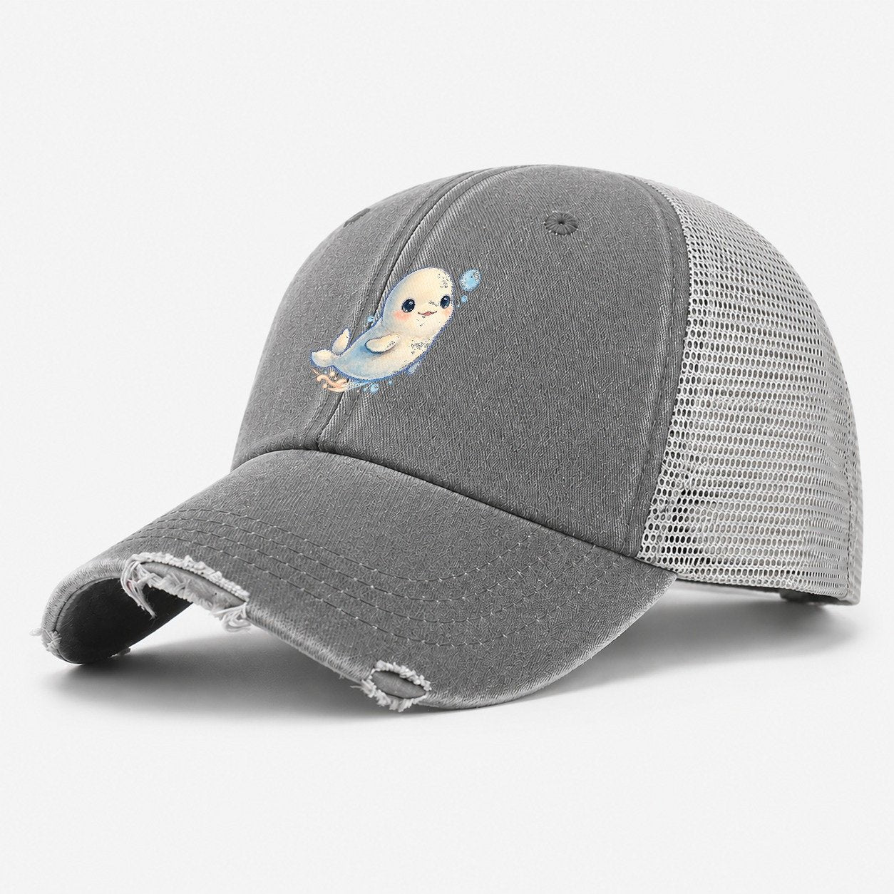 Beluga Whale Bubble Rise Sea Sprite Washed Trucker Hat – Grey