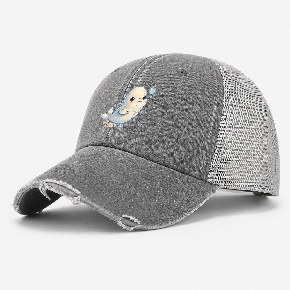 Beluga Whale Bubble Rise Sea Sprite Washed Trucker Hat – Grey