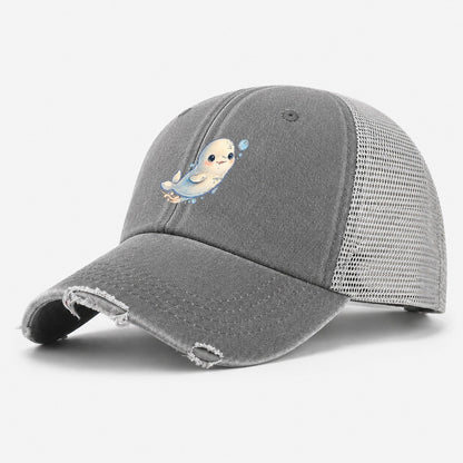 Beluga Whale Bubble Rise Sea Sprite Washed Trucker Hat – Grey