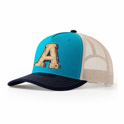 Varsity Chenille A Monogram Trucker Hat – Teal Navy