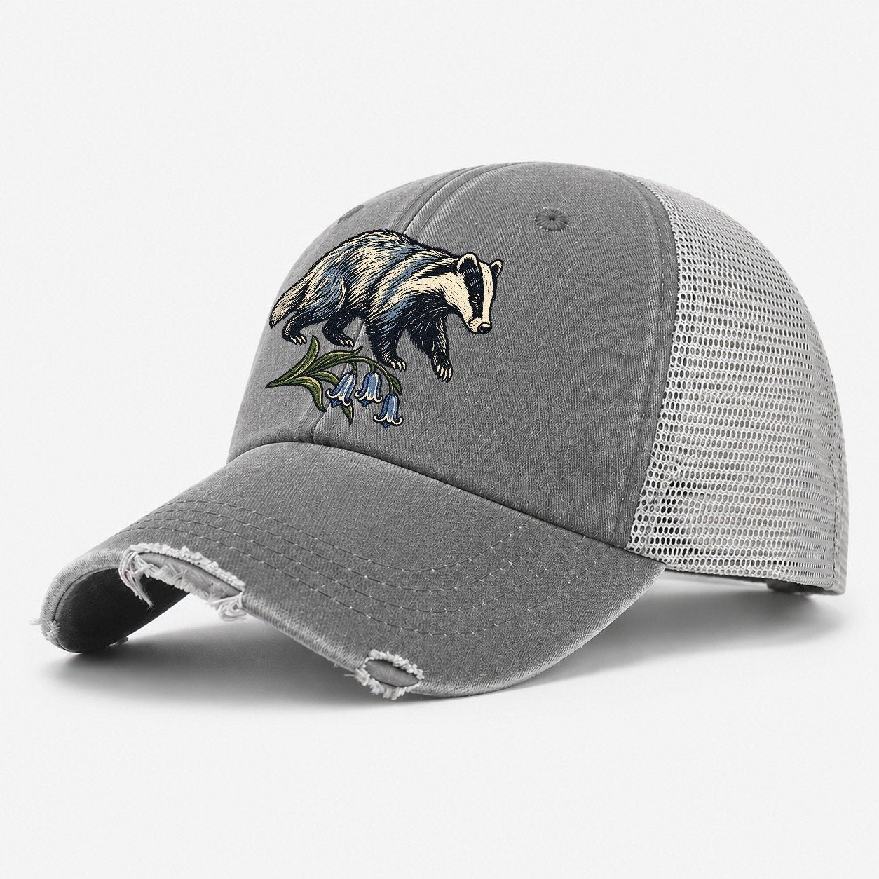 British Badger With Bluebell Sprig Uk Culture Heritage Washed Trucker Hat – Grey