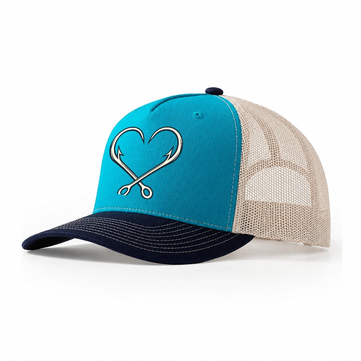 Hook Heart Fishing Elegant Trucker Hat – Teal Navy