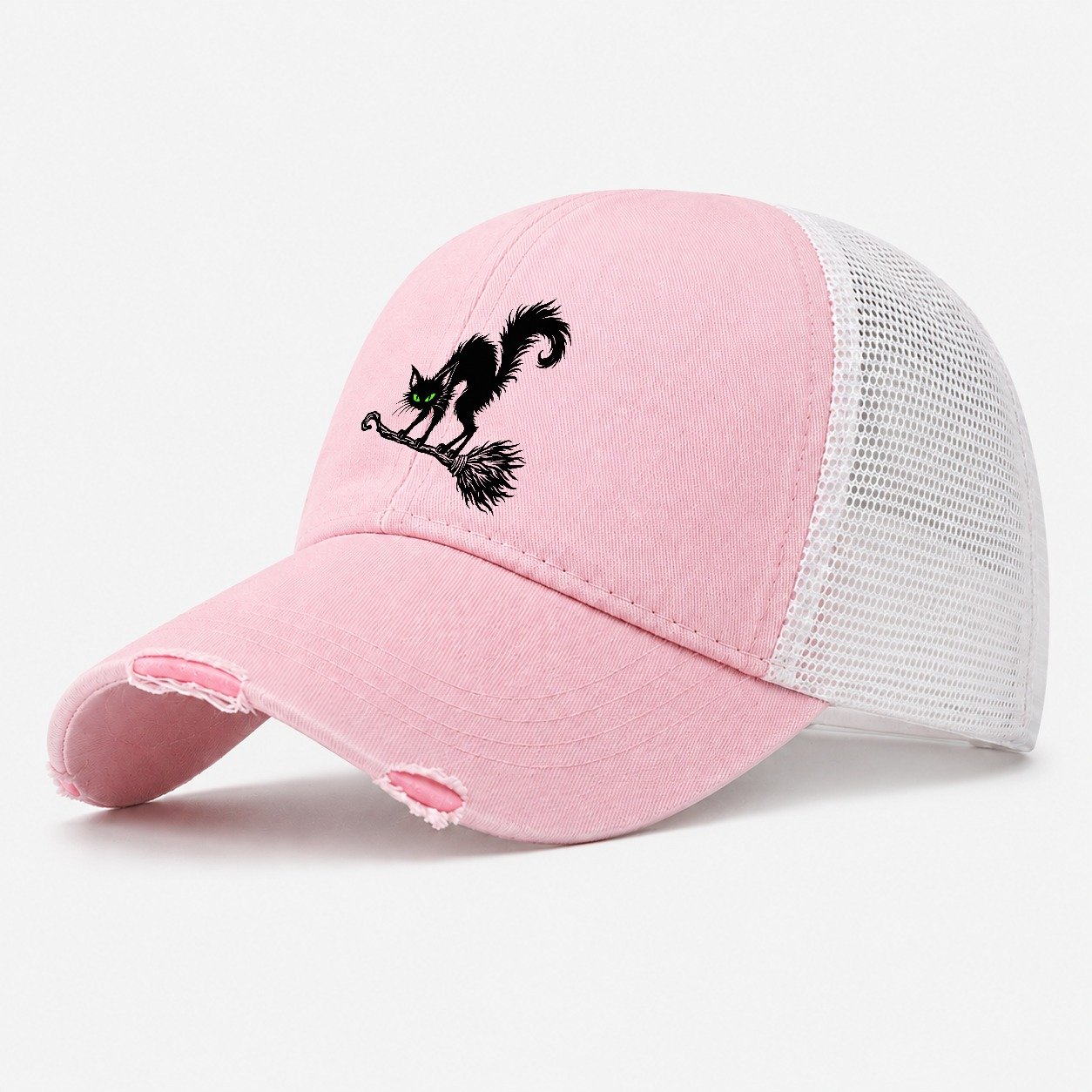 Black Cat Arched On A Broomstick Witch Magic Washed Trucker Hat – Light Pink