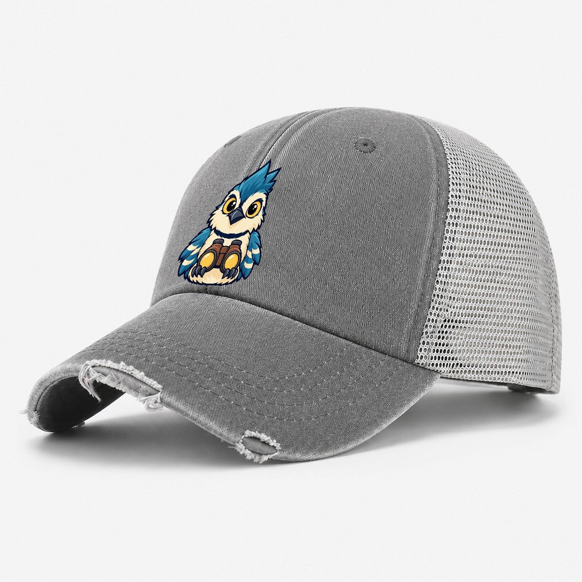 Jay With Binoculars Birdwatching Washed Trucker Hat – Grey