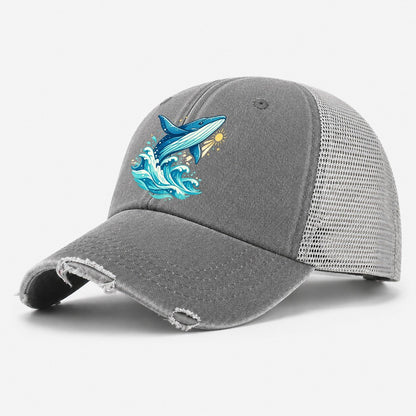 Vintage Whale Ocean Waves Washed Trucker Hat – Grey