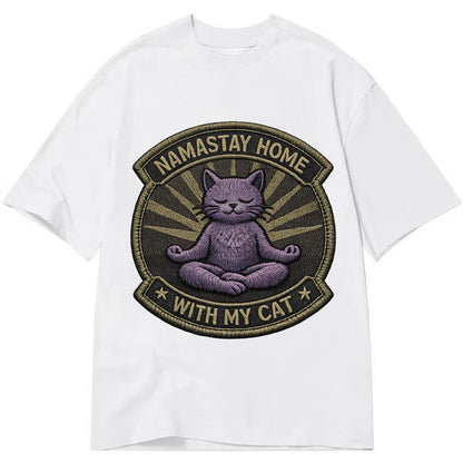 Embroidered Patch Design Namastay Home With My Cat Yoga Cat Classic T-shirt – White