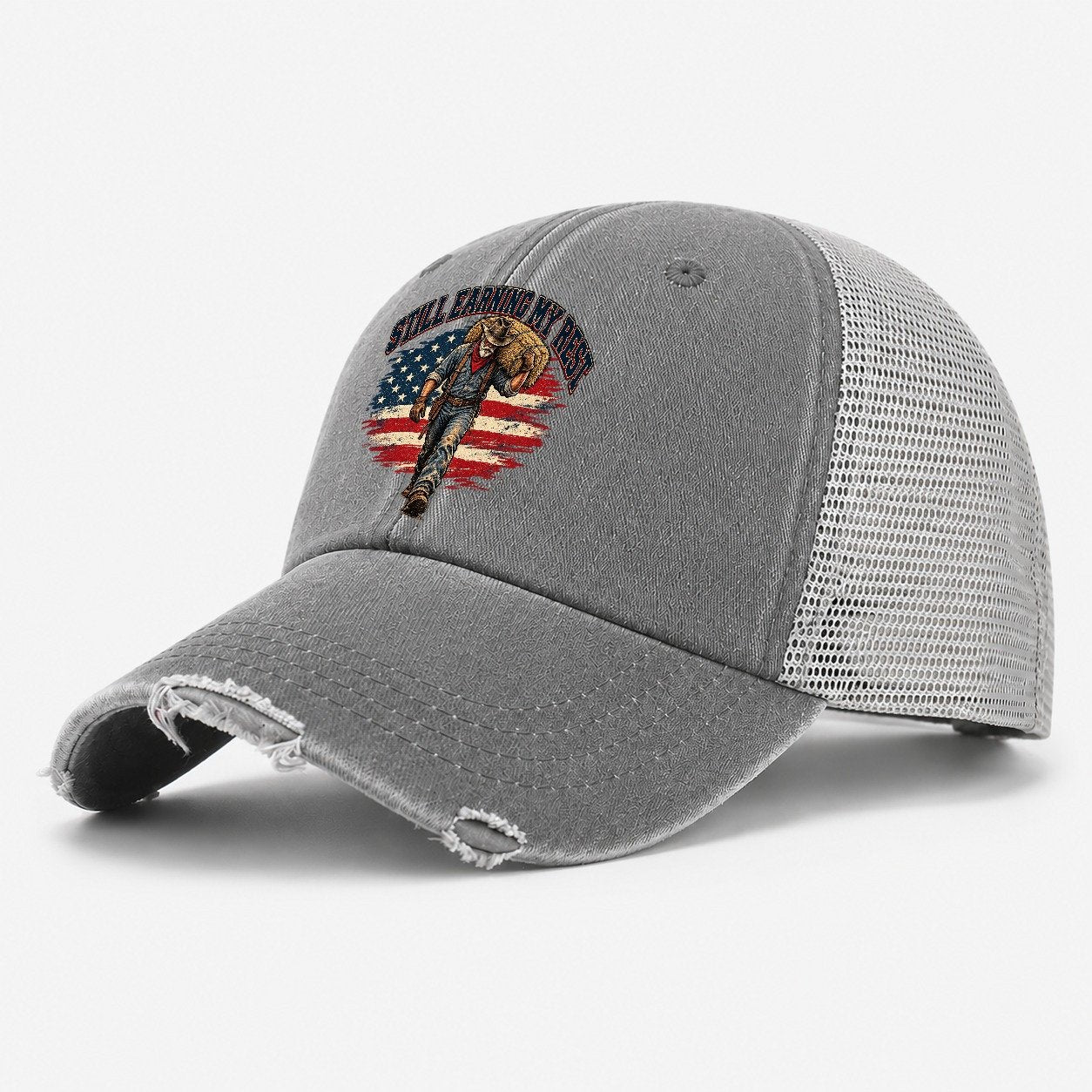 Still Earning My Rest Old Man Strong Washed Trucker Hat – Grey