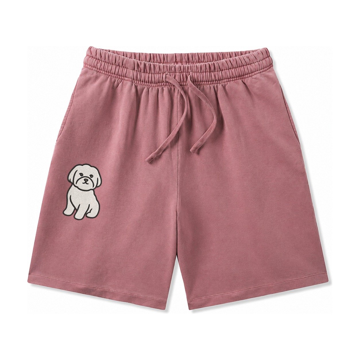 Maltese Pure White Fluffy Embroidered Design Washed Shorts – Burgundy