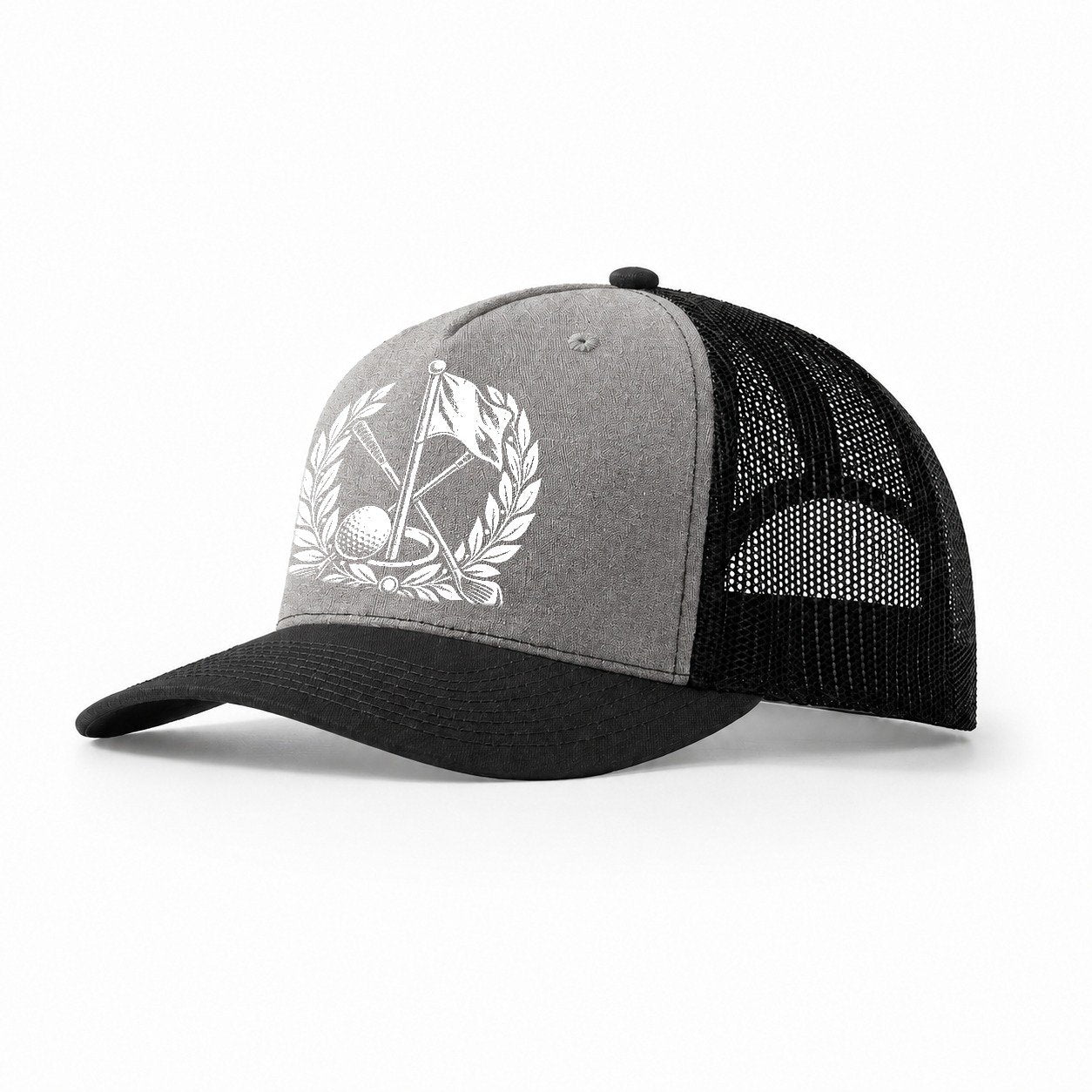 Flag And Ball Crest Golf Life Trucker Hat – Grey Black