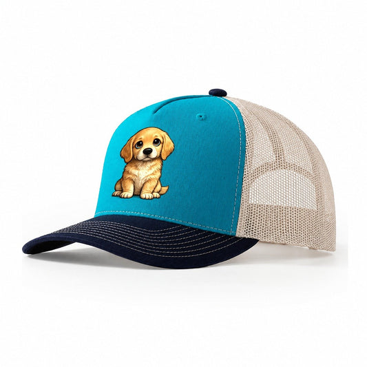 Golden Retriever Sitting Sweetheart Trucker Hat – Teal Navy