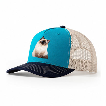 Birman Seated Portrait Realistic Cat Portrait Trucker Hat – Teal Navy