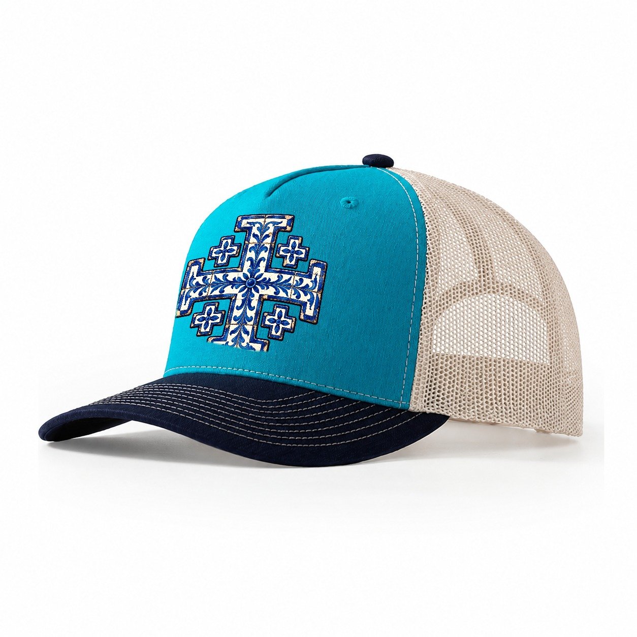 Blue And White Glazed Tile Jerusalem Cross Trucker Hat – Teal Navy