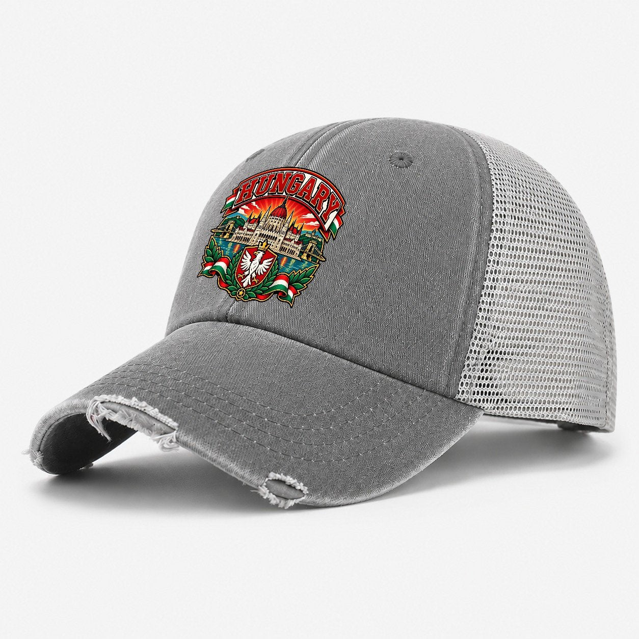 Hungary Retro Badge Country Logos Washed Trucker Hat – Grey