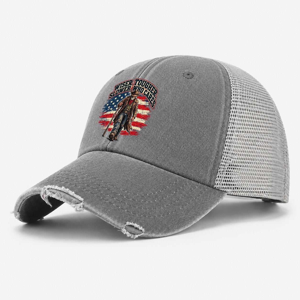 Wiser Tougher Slower Who Cares Old Man Strong Washed Trucker Hat – Grey