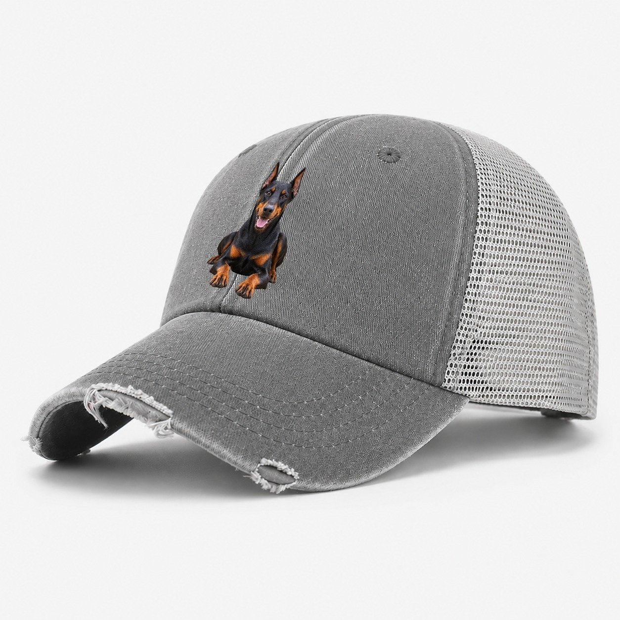 Doberman Pinscher Sitting Top Breeds Washed Trucker Hat – Grey