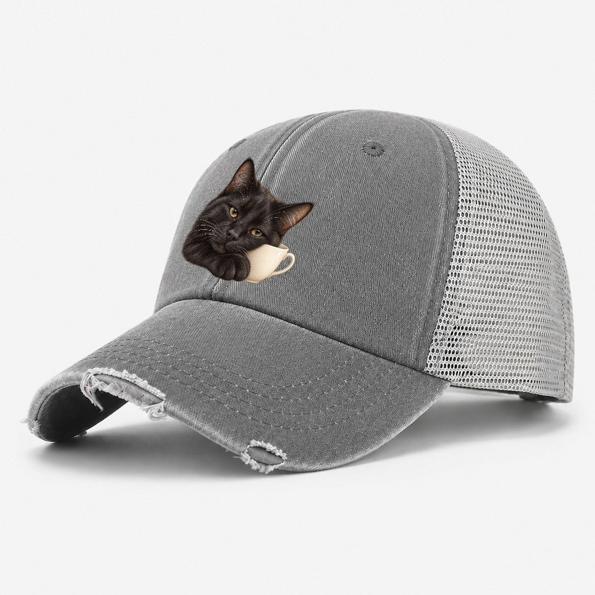 Black Cat Teacup Companion Pastimes Companions Washed Trucker Hat – Grey