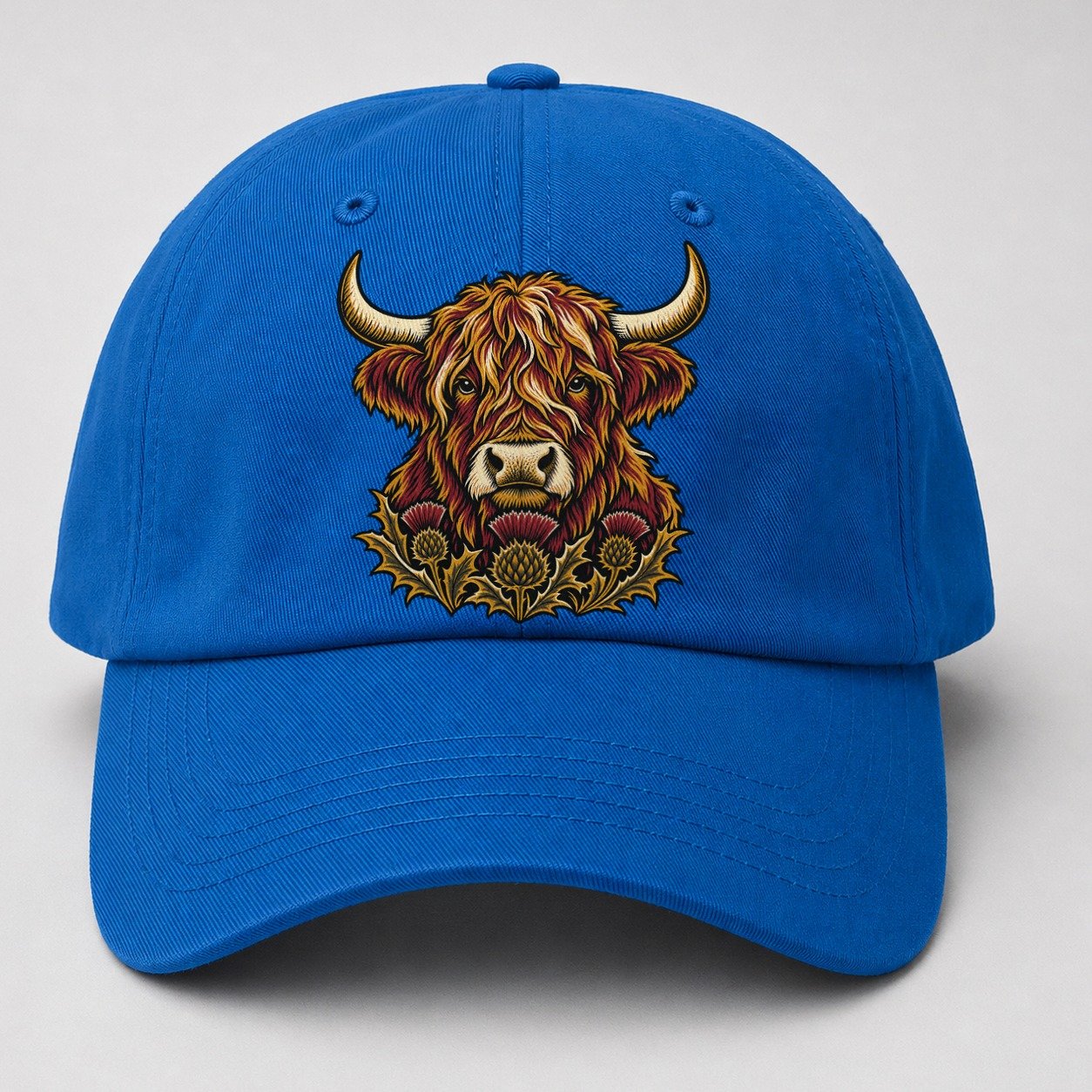 Highland Cow With Thistle Meadow Uk Culture Heritage Baseball Cap – Blue
