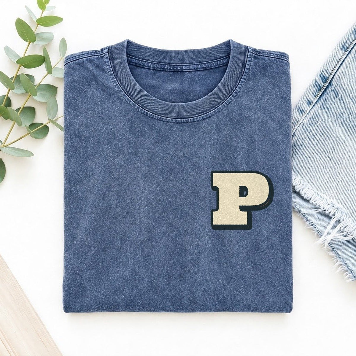 Initial P Left Chest Vintage T-shirt – Washed Blue