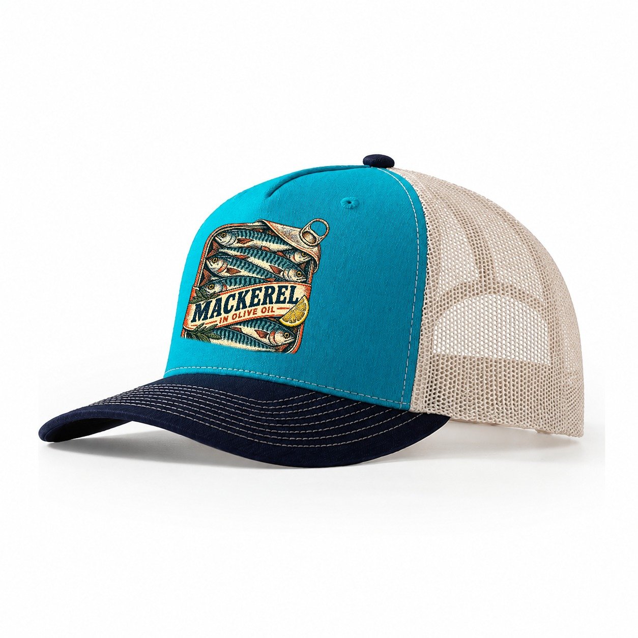 Mackerel Tin Stack Fishing Club Trucker Hat – Teal Navy